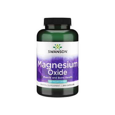 A green bottle labeled Magnesium Oxide 200 mg by Swanson contains 250 capsules to support muscle, bone health, and enzyme reactions.